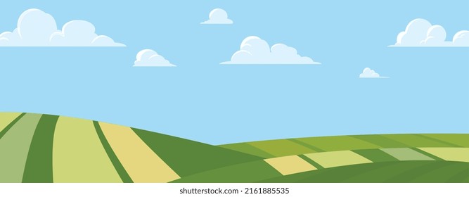 Grünes Landschaftsfeld, Landschaft mit blauem Himmel und Wolken, flache Vektorgrafik. Ackerland für den Kartoon zur Ernte. Ökologie und Umwelt. Landhügel.