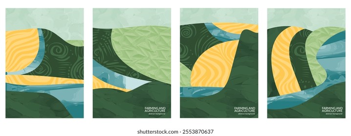 Green countryside landscape with hill, forest, river, mountain, field, and meadow. Magazine cover or travel brochure. Trendy modern vector illustration. Abstract aesthetic eco green watercolor design 