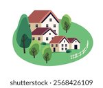 Green countryside landscape. Summer season in village. Country buildings, rural houses on meadow, field with trees. Spring nature in province. Flat isolated vector illustration on white background