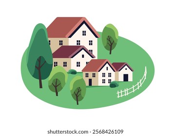 Green countryside landscape. Summer season in village. Country buildings, rural houses on meadow, field with trees. Spring nature in province. Flat isolated vector illustration on white background