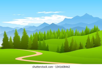 green countryside with pine forest