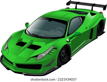 golpe verde supercoche estilo de rendimiento deportivo coche con cuerpo ancho bajado ruedas delanteras vista ilustración vectorial