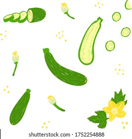 Green Courgette vector illustration set. Zucchini pattern, whole, half, sliced, cut zucchini, flowers