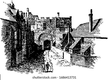 Green Court Gate, Cathedral,  vintage engraving.