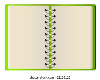 Green cover blank notebook open on white background