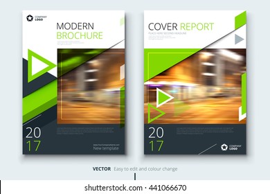 Green Cover Corporate business template for brochure, report, catalog, magazine. Layout with modern styled photo and abstract triangle shapes. Creative presentation, poster, flyer or banner concept