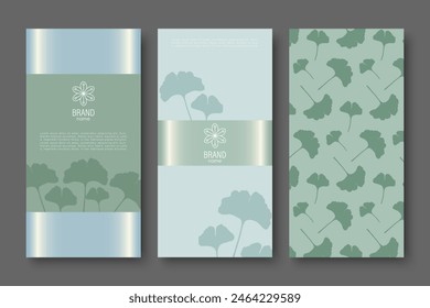 Green cover design, brand packaging, voucher, gift certificate with ginkgo biloba leaves. Vector botanical background for product design.