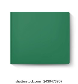 Green covered notebook casting a shadow, positioned on a white surface