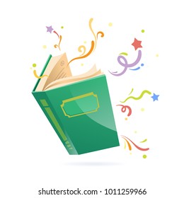 Libro abierto verde con páginas que fluyen