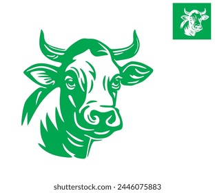 GREEN COW HEAD LOGO, silhouette of great cattle face vector illustrations