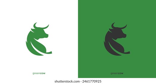 Diseño de logotipo de vaca verde. Hoja verde con Diseño gráfico de cabeza de vaca. Logotipo de la granja, icono, símbolo, Vector, Inspiración de diseño.