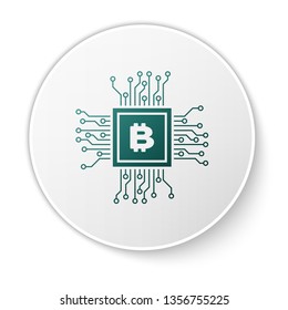 Green CPU mining farm icon isolated on white background. Bitcoin sign inside processor. Cryptocurrency mining community. Digital money. White circle button. Vector Illustration