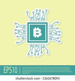 Green CPU mining farm icon isolated on yellow background. Bitcoin sign inside processor. Cryptocurrency mining community. Digital money. Flat design. Vector Illustration