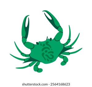 Green crab with detailed claws and shell patterns, designed in a simple cartoon style, isolated on a white background, suitable for marine or nature-themed designs. Flat cartoon vector illustration