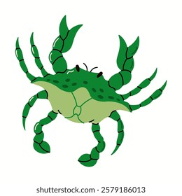 Green crab with massive claws flat color vector character. Cartoon crab decorates walls of seafood market illustration on white background