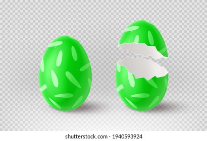 Green cracked egg isolated on checkered background. Realistic egg shells. Vector illustration with 3d decorative object for Easter design.