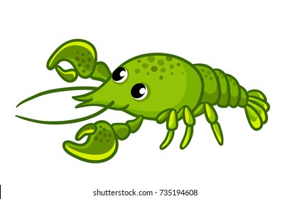 Green crayfish isolated on white background. Vector illustration in a cartoon style.