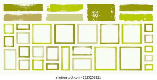 Green crayon hand drawn text box frames. Vector brush stroke bg. Natural organic textures speech boxes. Retro painted lines, squares, rectangles. Eco bio frame set. Healthy menu highlights, underlines