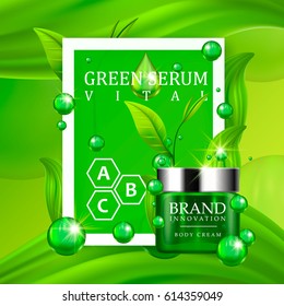 Green cream bottle with silver cap and green leaves on juicy background. Skin care vitamin formula treatment design. Beauty product advertising concept for cosmetic industry. Vector