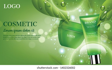 Green cream and foam with bright light, vector cosmetic ad