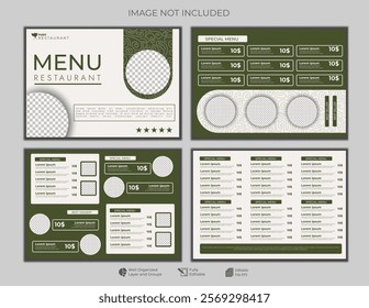 green and cream modern food restaurant menu landscape layout editable template collection with abstract line