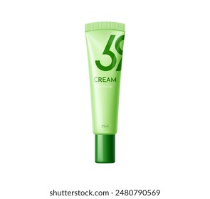 Green cream tube cosmetic product package template. Isolated 3d vector realistic mockup of cream for eyelids with a fresh aesthetic, for skincare routine focusing on moisturizing and soothing eye area