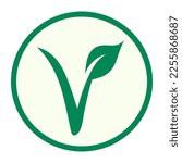 Green and cream Vegan vector graphic sign. It consists of a green circle with a leaf and a shoot, forming the letter V, for Vegan