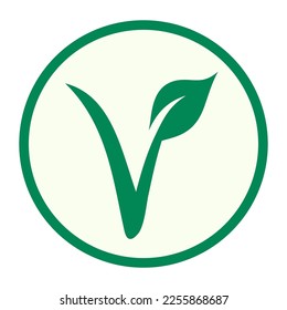 Green and cream Vegan vector graphic sign. It consists of a green circle with a leaf and a shoot, forming the letter V, for Vegan