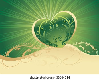green creative artwork heart shape with rays, artistic design illustration