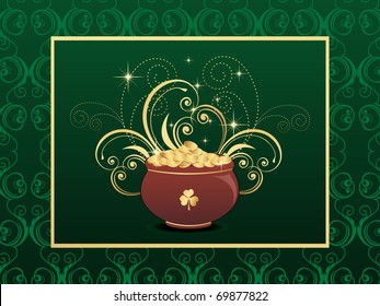 green creative floral background with gold coins earthenware