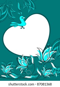 green creative floral design background with bird sitting on heart