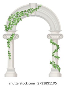 Green creeper on stone arch. Wedding garden gate