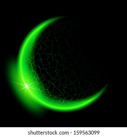 Green crescent with flare on black background.