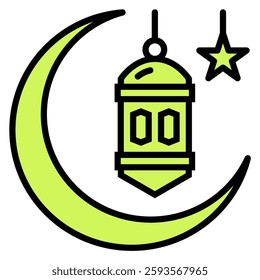 Green crescent moon, lantern and star creating a festive Ramadan illustration great for celebrating Islamic holidays and cultural events.