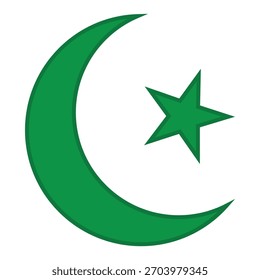 Green Crescent Moon And Star, Islamic Symbol Vector Illustration Isolated