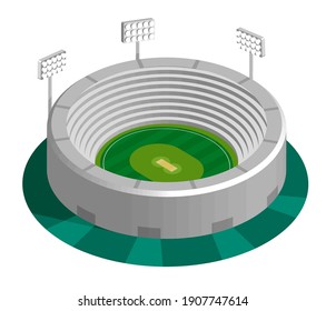 green cricket field in isometric view with spectator stands at sports stadium. Outdoor cricket court. Sports ground for active recreation. Vector