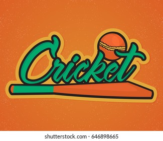 Green Cricket lettering design with bat and ball on orange background, Can be used as poster, banner or flyer for Sports concept.