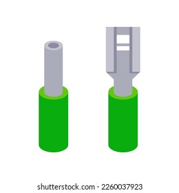Ilustración vectorial de los terminales crimp verdes. Dibujo de dibujos animados de herramientas o equipos de electricista aislados en fondo blanco. Ingeniería, tecnología, concepto de construcción