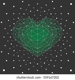 Green cristal heart, white dots background.