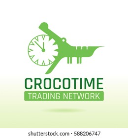 Green crocodile alligator animal icon. Text lettering logo. Alarm clock mouth jaw. Abstract template. Isolated on white, flat vector illustration silhouette.