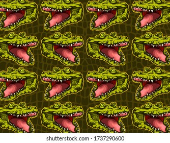 Green Crocodile art illustration repetion pattern set collage with skin pattern at background. 