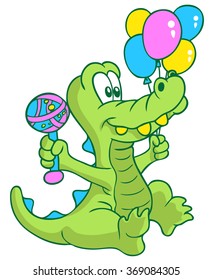 Green Crocodile with balloon and rattle
