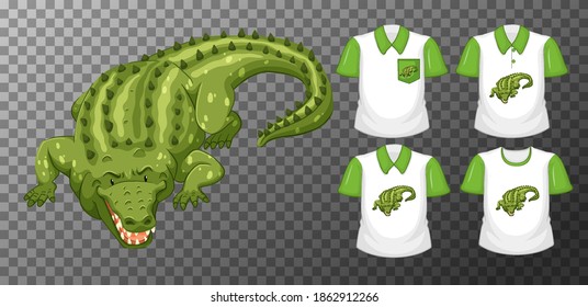 Green crocodile cartoon character with many types of shirts on transparent background illustration