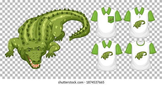 Green crocodile cartoon character with many types of shirts on transparent background illustration