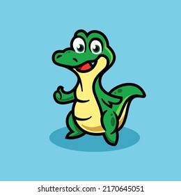 Green crocodile cartoon character mascot illustration logo vector showing thumbs up. cute animal reptile alligator with happy facial expression in trendy modern style