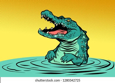 green crocodile character. Comic cartoon pop art retro vector illustration drawing