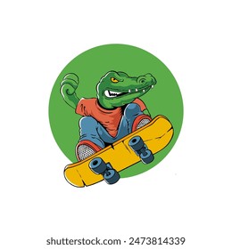 Green Crocodile Character Playing Skateboard