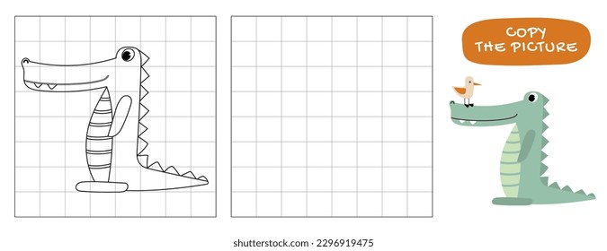 A green crocodile. Copy the picture by cells. Drawing task for children on a grid, educational vector illustration. The page of the coloring book with color sample.