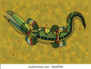 Green crocodile in ethnic Australian pattern style