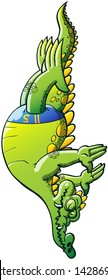 Green crocodile, feeling confident in his skills, wearing a blue swimsuit and performing an elegant diving in a competition